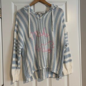Vintage Havana Blue and White Striped Hoodie with Pink Text (Make Waves)